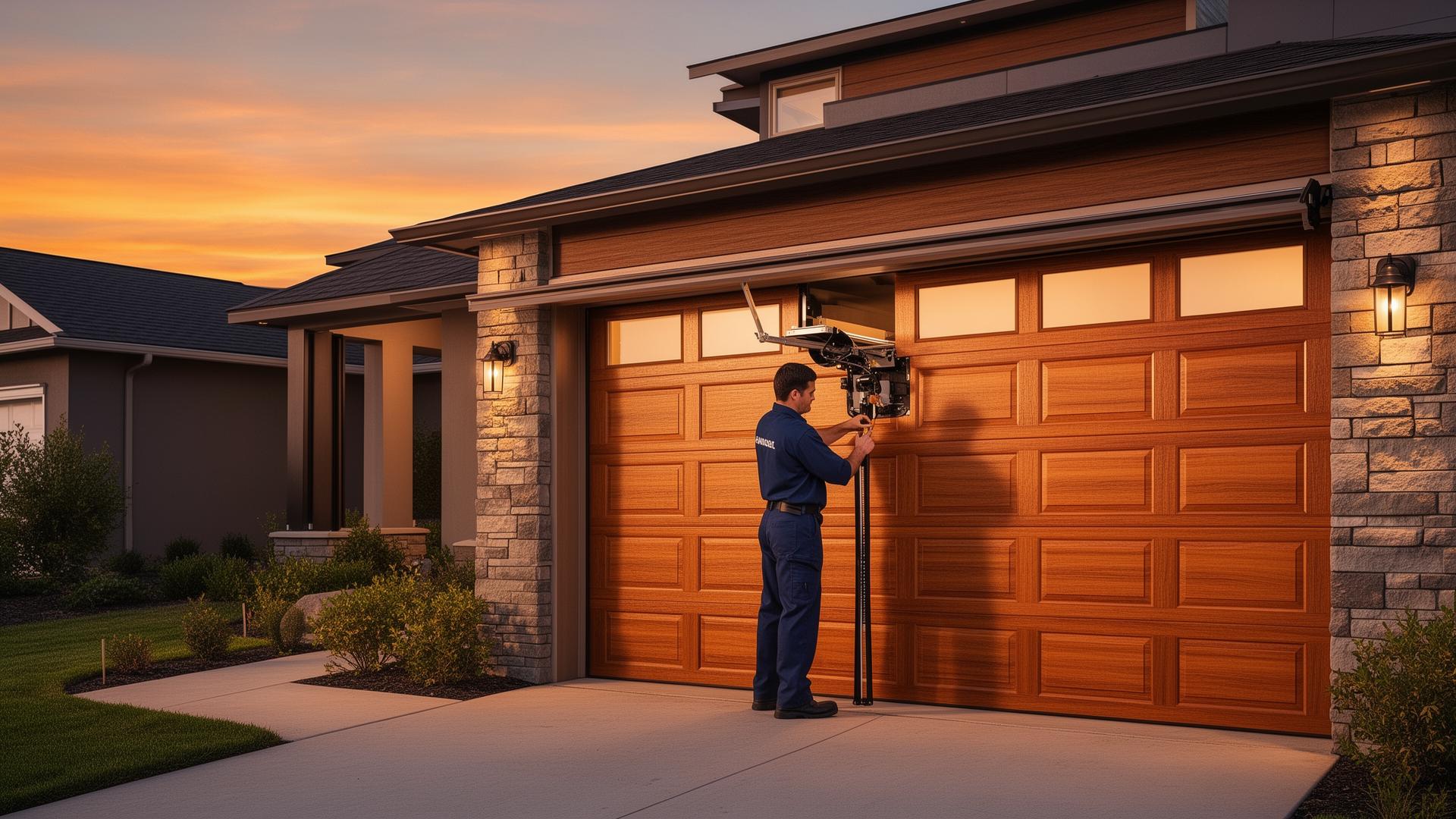 Professional garage door service technician working on residential garage door installation in Lee, NH
